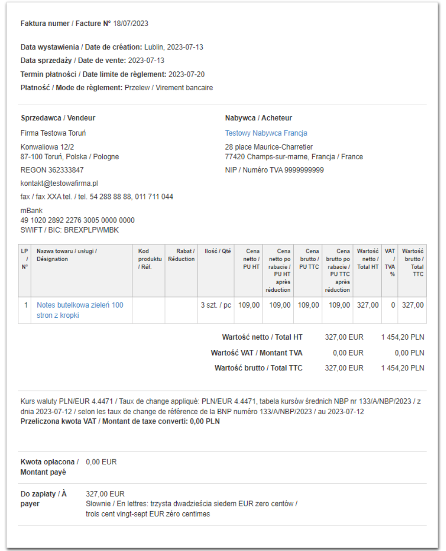 Przykład faktury dwujęzycznej wystawionej w systemie do fakturowania online w walucie euro.