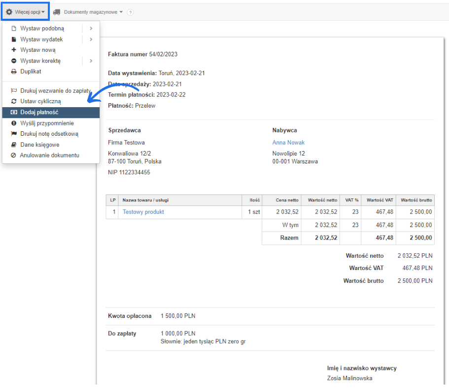 Podgląd faktury z wybraną opcją „Dodaj płatność” w menu „Więcej opcji” w systemie do fakturowania online.