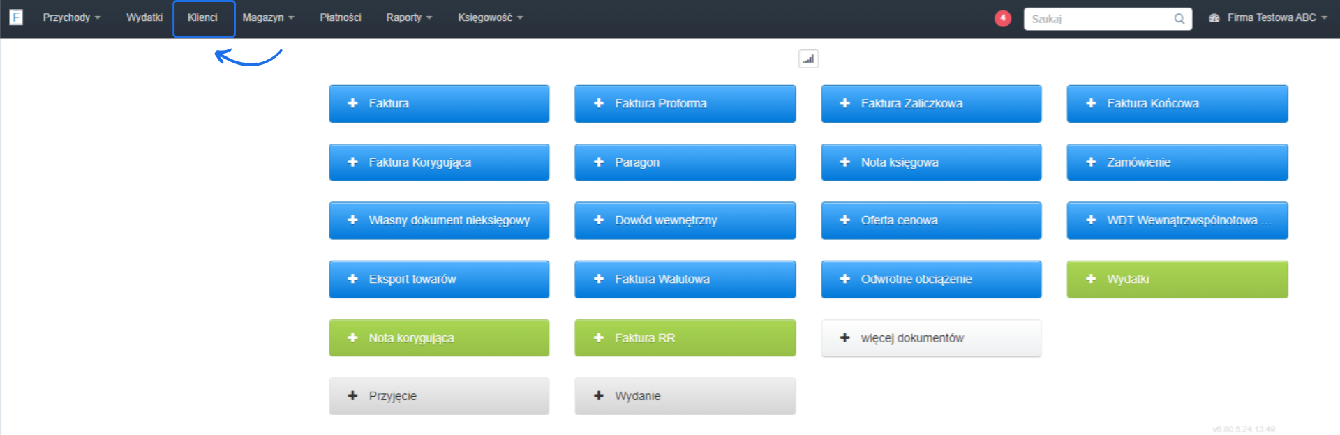 Ekran główny w Fakturowni z menu nawigacyjnym, przyciskami dodawania dokumentów oraz zaznaczoną zakładką 'Klienci'.
