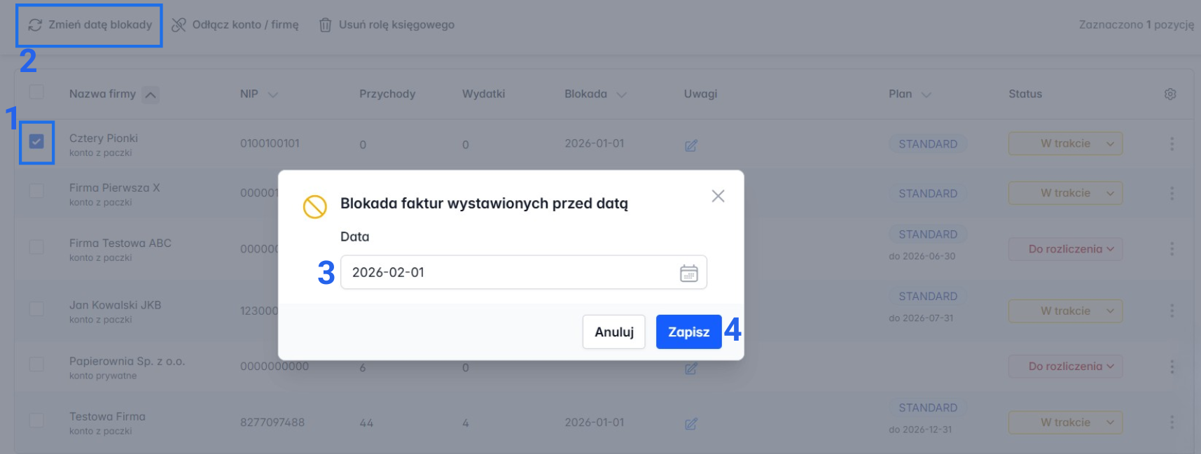 Opcja zmiany daty blokady dla wybranej firmy na liście panelu dla biur.