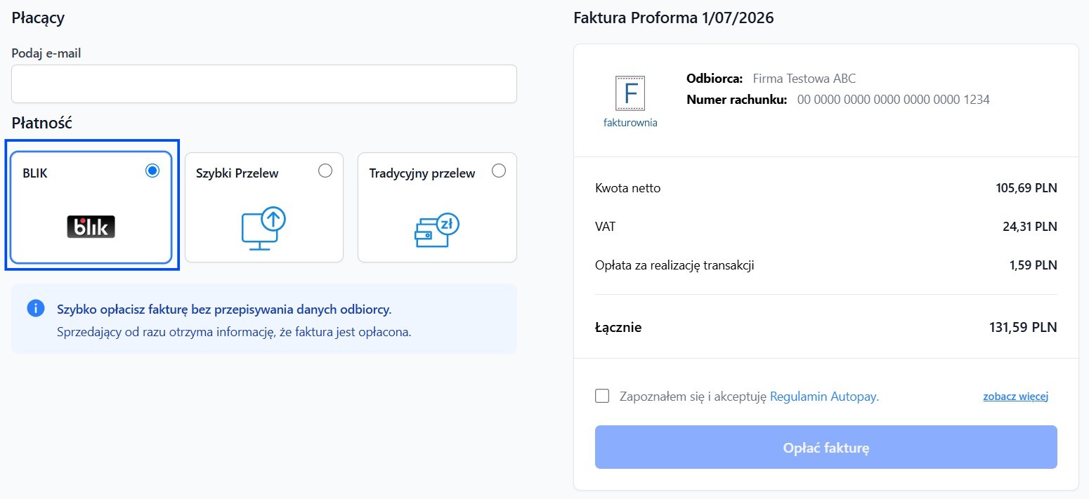 Ekran płatności online z wyborem metody: BLIK, szybki przelew, tradycyjny przelew, opcje banków oraz szczegóły faktury z podsumowaniem kwoty do zapłaty.
