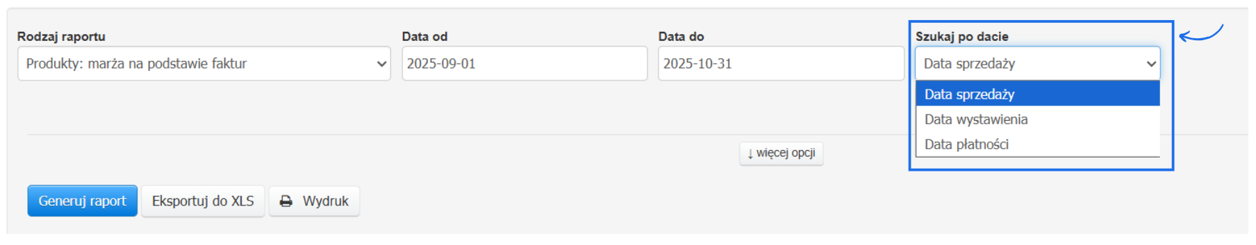 Raport Produkty: marża na podstawie faktur z możliwością wyboru, po jakiej dacie system ma wyszukiwać faktury i uwzględniać je w raporcie.