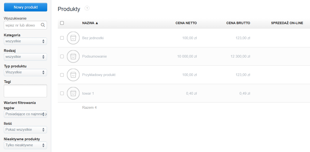 Lista produktów oznaczonych w systemie jako nieaktywne zapisane wyszarzoną czcionką.