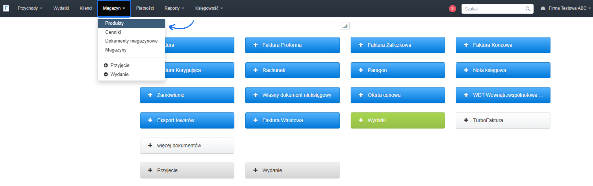 Menu nawigacyjne umożliwiające dostęp do sekcji magazynowej, w tym produktów, cenników, dokumentów magazynowych oraz magazynów.