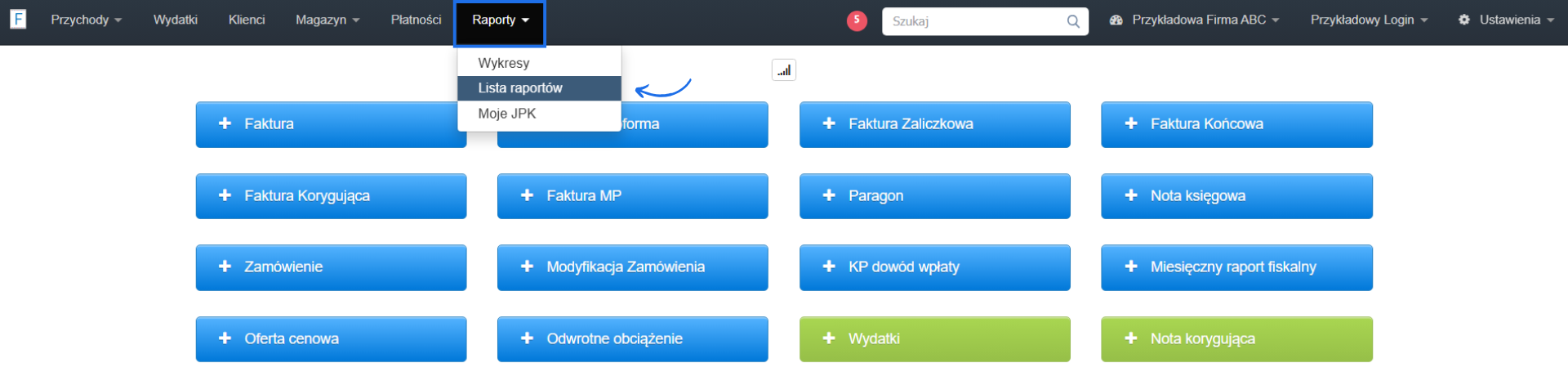 Strona główna konta w systemie Fakturownia z aktywną zakładką raporty i dostępem do pełnej listy raportów na koncie.