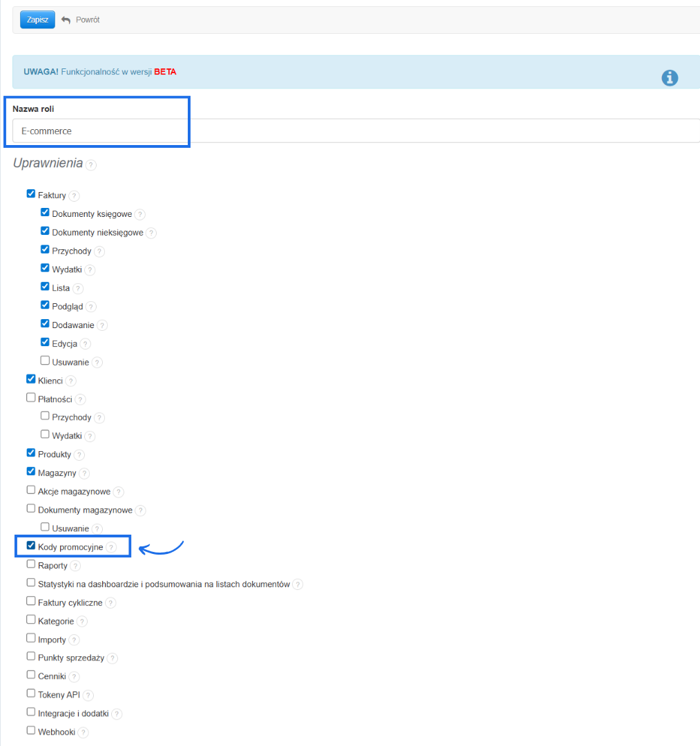 Lista uprawnień do nadania dla użytkownika przy tworzeniu własnej roli z aktywnym dostępem do zakładki z kodami pormocyjnymi.