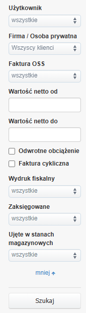 Rozszerzona lista opcji filtrowania faktur w systemie do wystawiania faktur online.