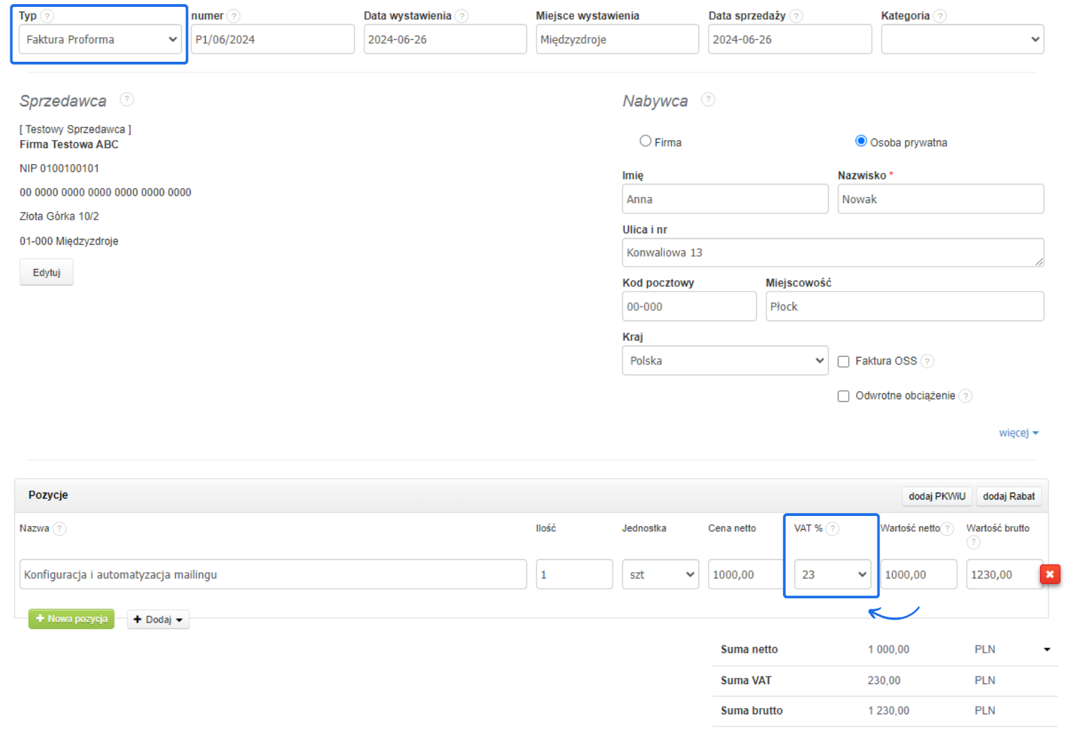 Formularz faktury proforma z wypełnionymi danymi nabywcy oraz sprzedawcy, zawierający szczegóły zamówienia, cenę netto, VAT oraz cenę brutto.