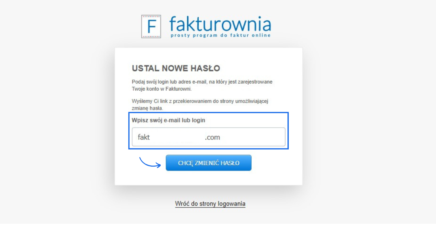 Formularz resetowania hasła w Fakturowni z polem na e-mail lub login i przyciskiem „Chcę zmienić hasło”.