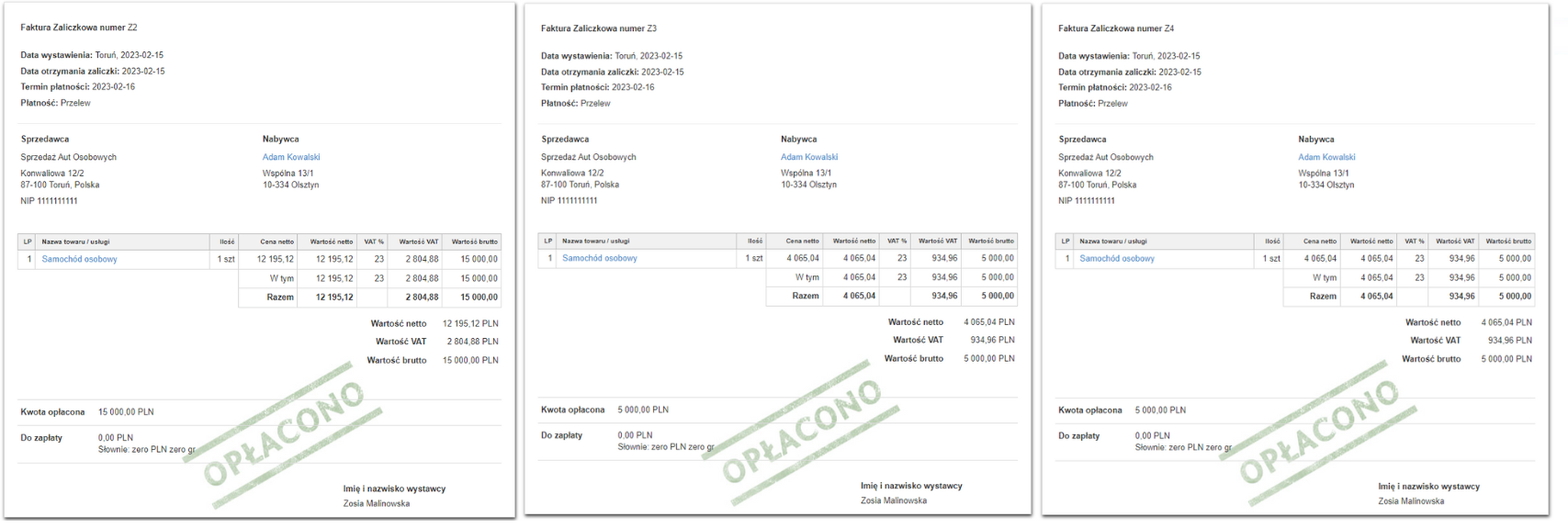 Trzy faktury zaliczkowe za samochód osobowy z adnotacją 'OPŁACONO', przedstawiające szczegóły płatności, wartości netto, VAT i brutto.