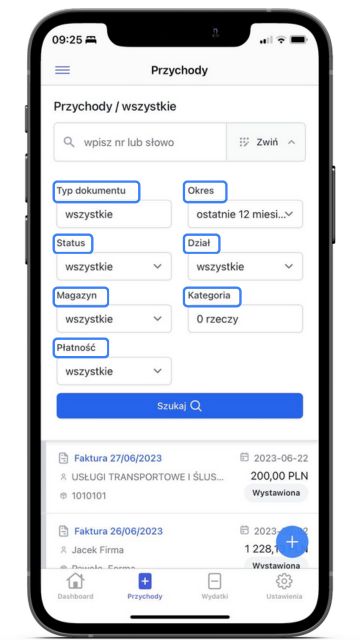 Ekran aplikacji mobilnej Fakturowni z zaawansowanym wyszukiwaniem przychodów. Widoczne filtry: typ dokumentu, status, magazyn, płatność, okres, dział, kategoria.