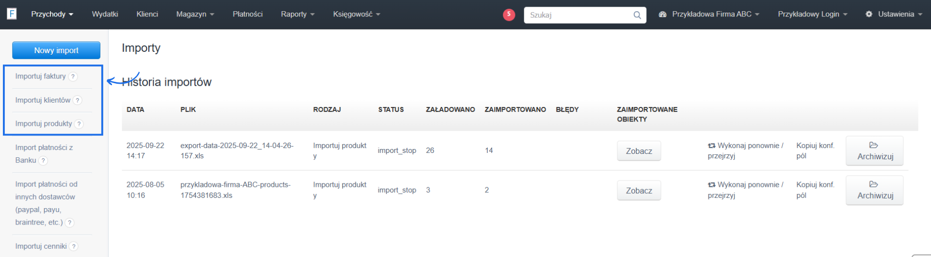 Lista importów wykonanych na koncie z podsumowaniem każdego importu oraz listą importów dostępnych do wykonania w tym import faktur, klientów i produktów.