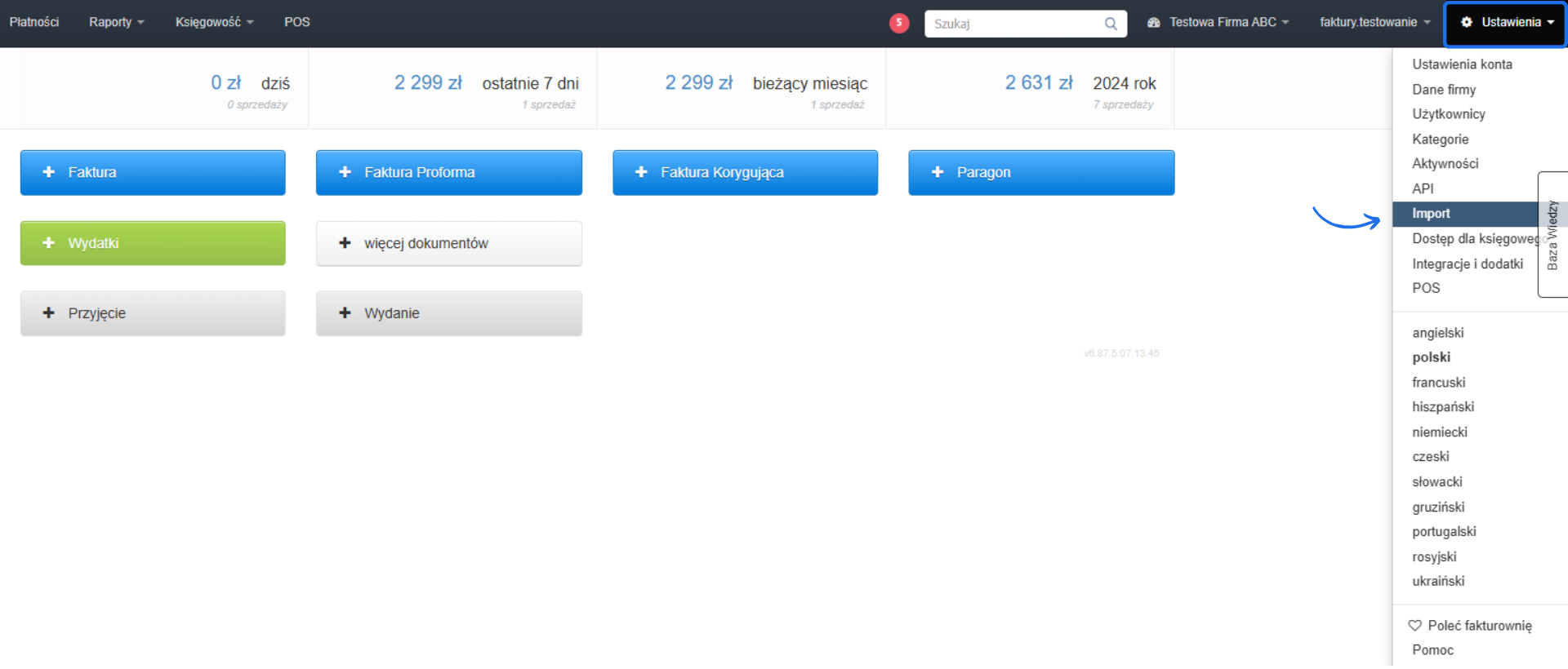 Panel ustawień w systemie fakturowania z menu umożliwiającym import dokumentów oraz tworzenie faktur, wydatków i innych dokumentów.