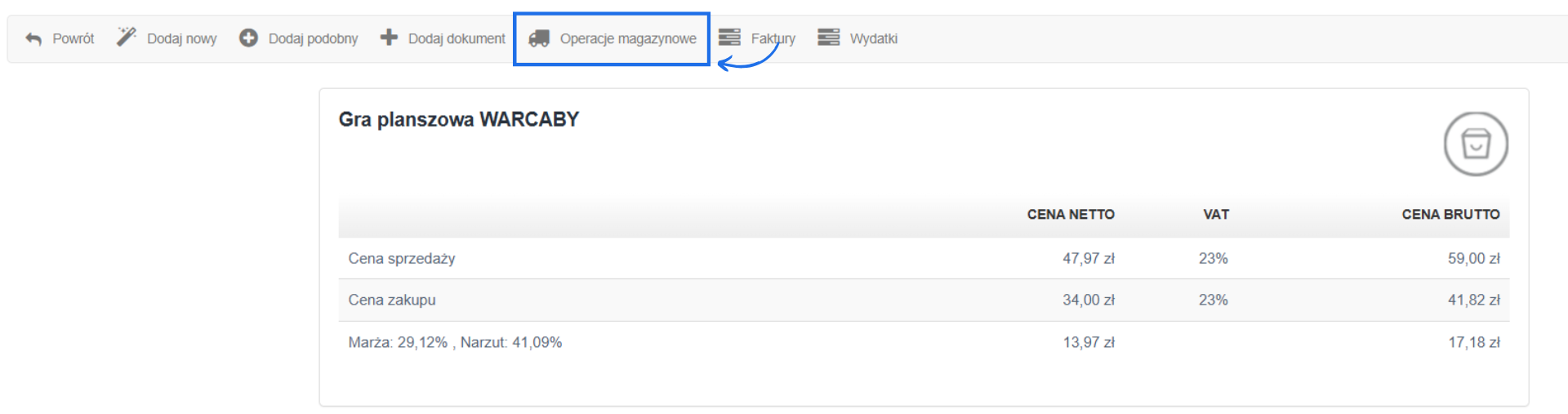 Karta produktu z podstawowymi informacjami o cenach zakupu i sprzedaży oraz aktywną opcję operacje magazynowe.