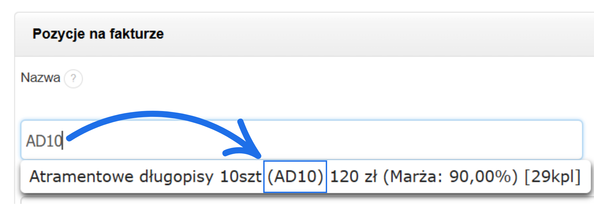 Wybór pozycji Atramentowe długopisy 10 szt. (AD10) do faktury, cena 120 zł, marża 90%.