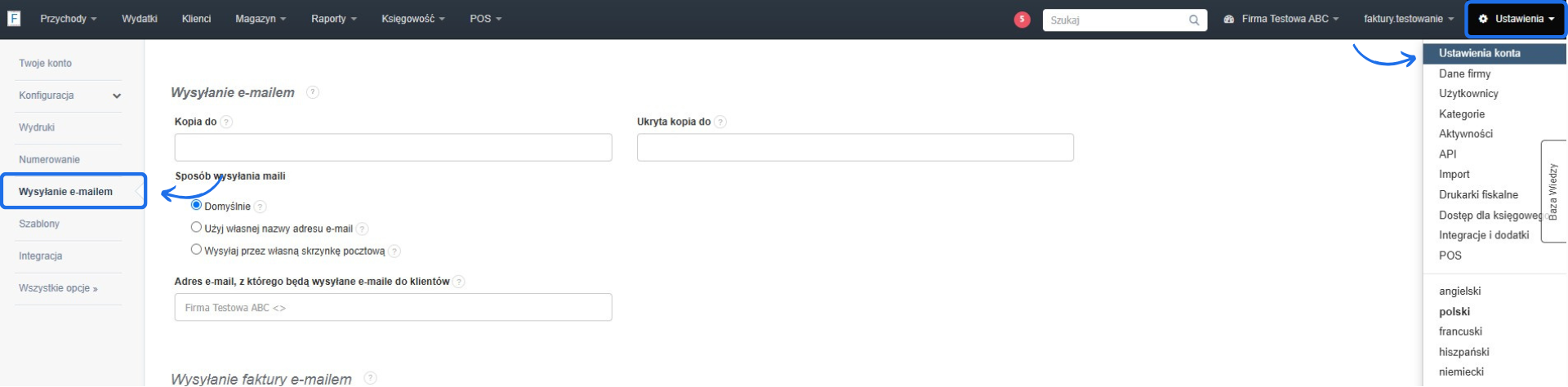 Ustawienia wysyłki e-mailem w systemie — widoczne opcje sposobu wysyłania maili i pola kopiowania, z menu „Ustawienia konta”.