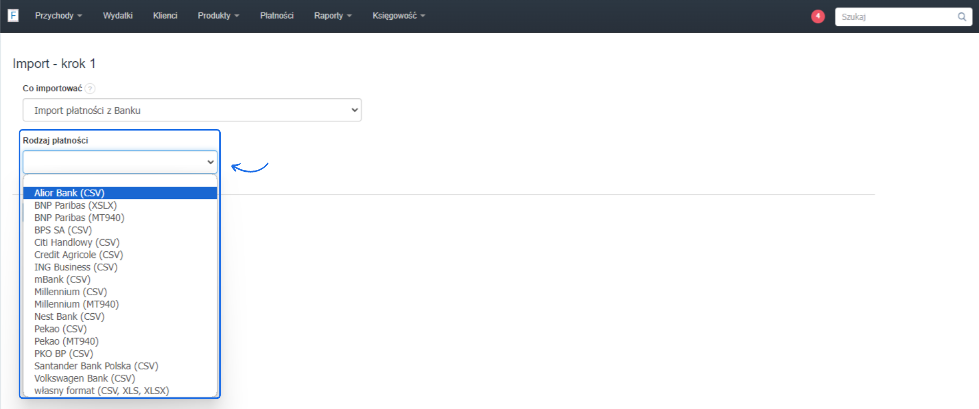 Import płatności z Banku w Fakturownia.pl, wybór rodzaju płatności z listy rozwijanej, dostępne opcje banków i formatów CSV, XLSX, MT940.