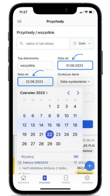 Aplikacja mobilna Fakturowni – ekran filtrowania przychodów z aktywnym kalendarzem do wyboru daty od 1 do 22 czerwca 2023.