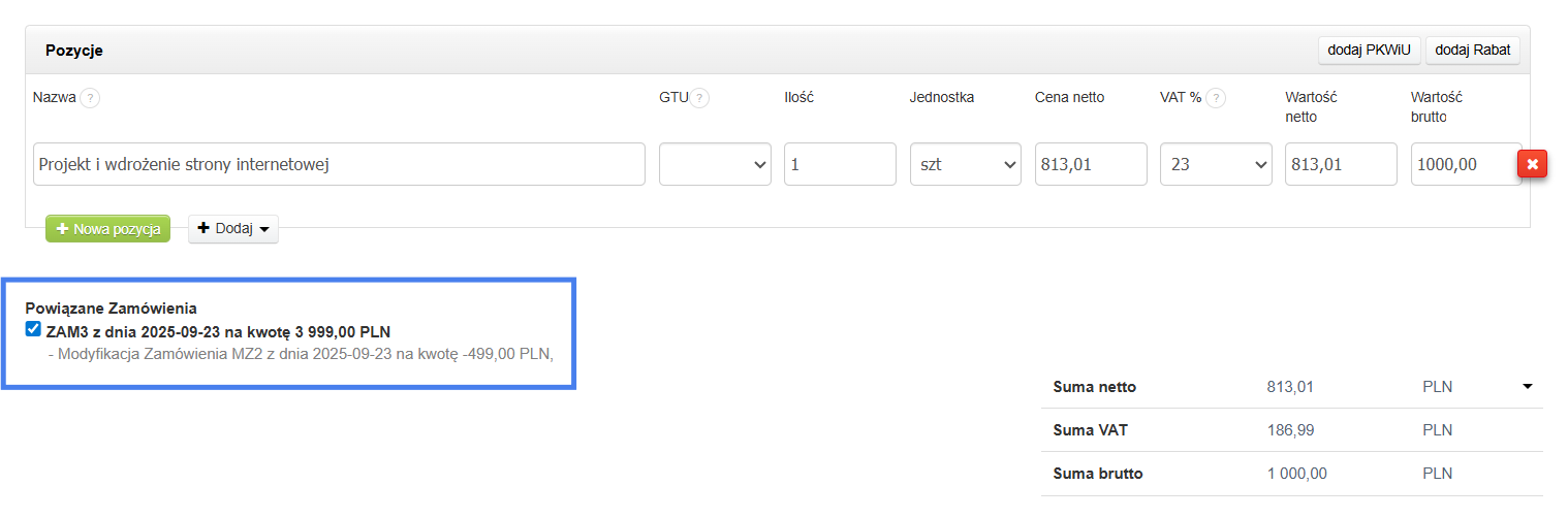Formularz tworzenia faktury zaliczkowej do zamówienia, do którego dodano dokument modyfikacji zamówienia z widoczną informacja o powiązaniu modyfikacji z zamówieniem.