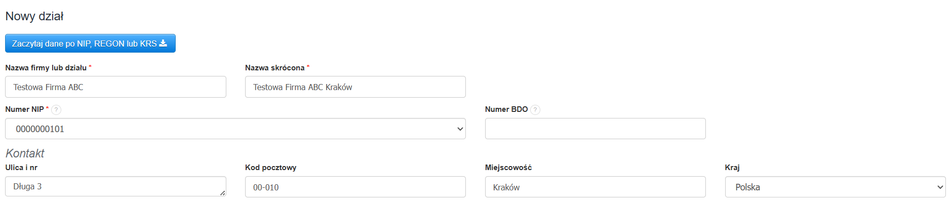 Formularz tworzenia nowego działu w obrębie NIP-u w systemie Fakturownia z podstawowymi danymi o dziale.