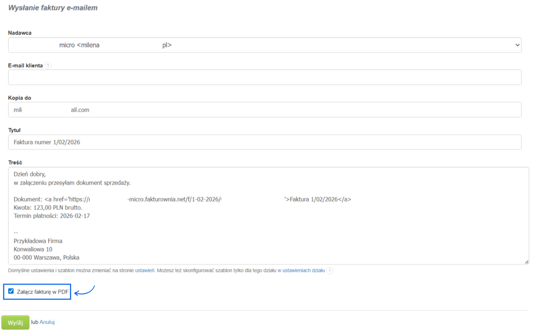 Formularz wysyłki faktury bezpośrednio z Fakturowni z załącznikiem w formacie PDF.