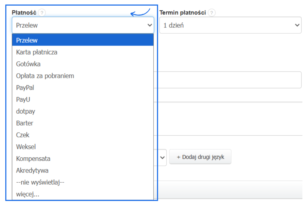 Lista systemowych form płatności dostępna do wyboru na formularzu tworzenia faktury w systemie Fakturownia.