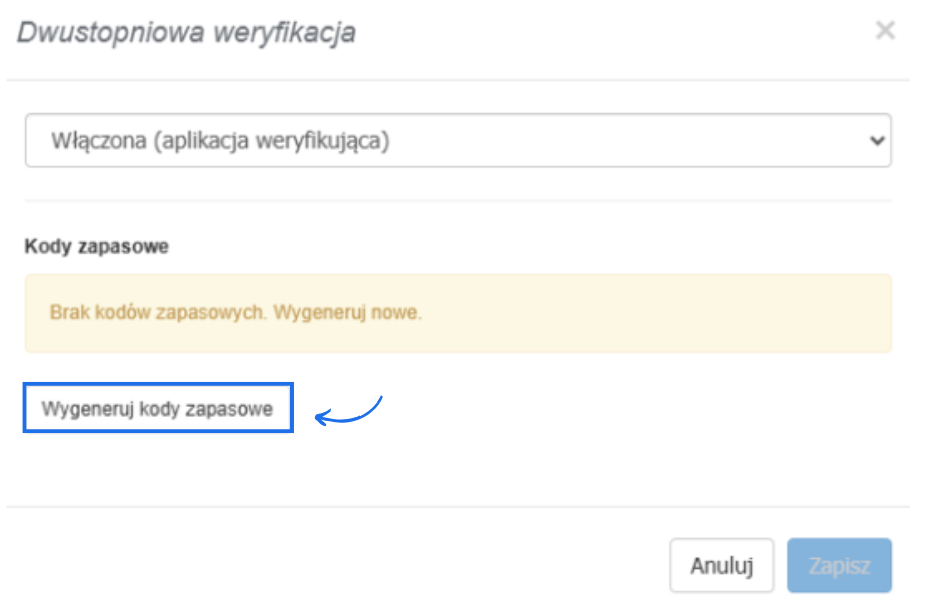 Formularz dwustopniowej weryfikacji z opcją wyboru 2FA oraz możliwości wygenerowania kodów zapasowych.
