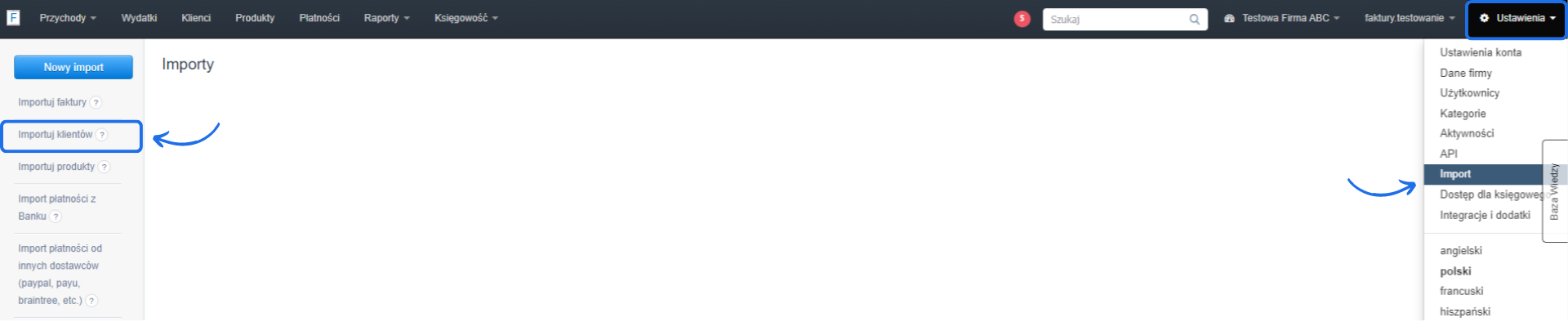 Ekran importu klientów w systemie fakturowym z podświetloną opcją 'Importuj klientów' w ustawieniach importu.