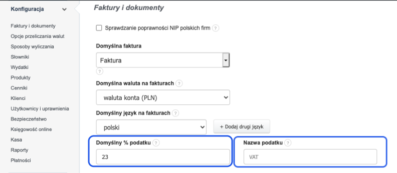 Konfiguracja faktur z opcjami domyślnej faktury, waluty, języka, domyślną stawką podatku 23% i nazwą podatku VAT.