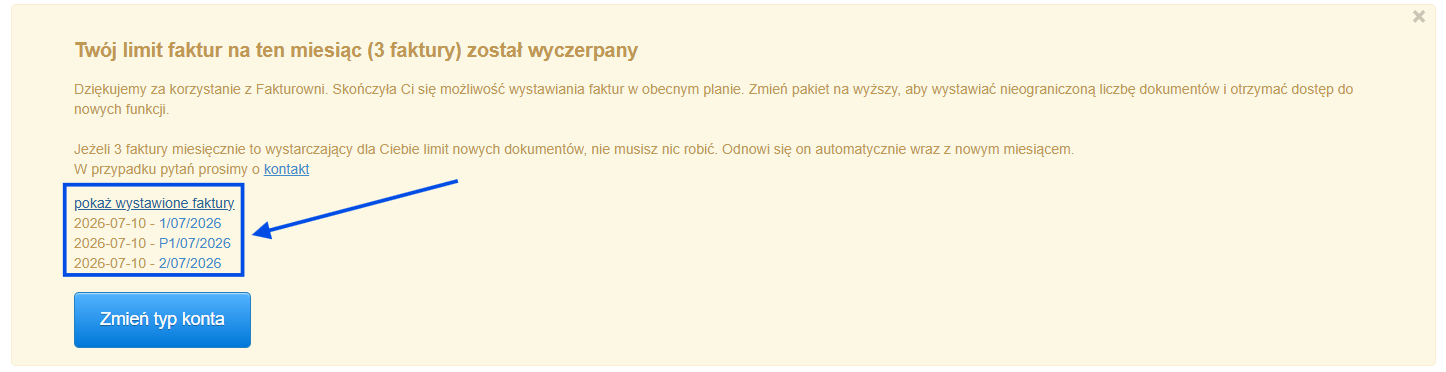Lista dokumentów wystawionych w ramach limitu 3 bezpłatnych faktur w planie Micro