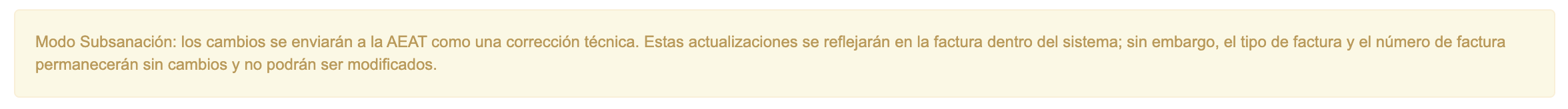 Mensaje de aviso de subsanación en el formulario de factura en BitFactura