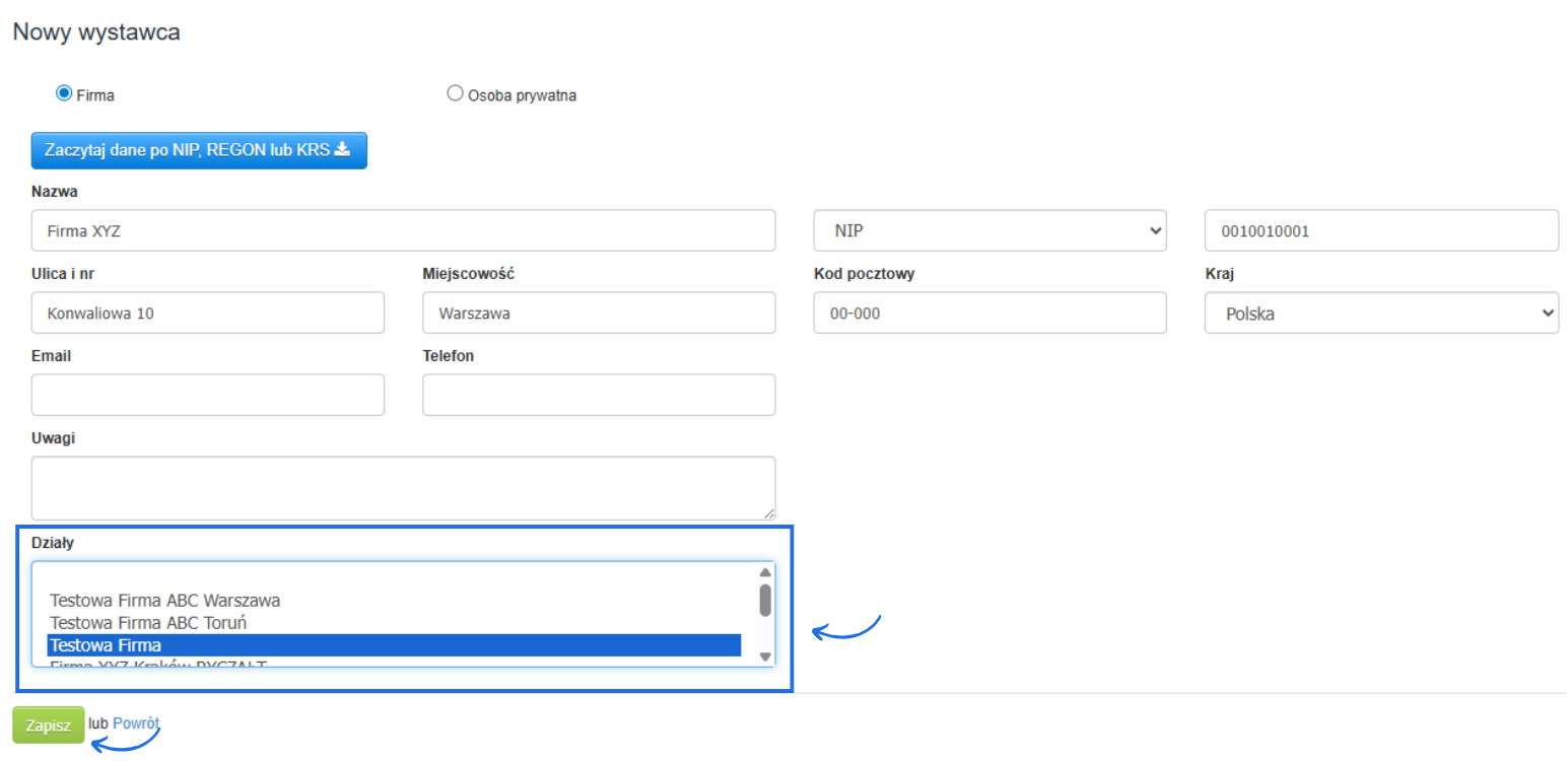 Formularz tworzenia wystawcy z polami dotyczącymi danych oraz możliwością wyboru działu.