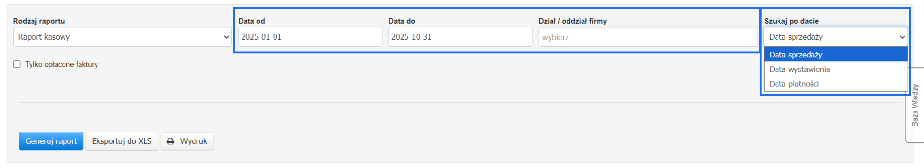 Parametry raportu kasowego: zakres dat, oddział firmy, data wyszukiwania oraz parametr faktury opłacone.