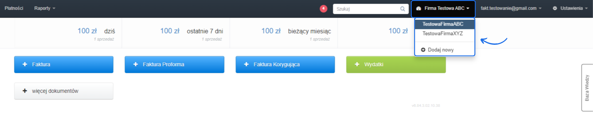 Interfejs systemu Fakturownia.pl z opcją przełączania między różnymi firmami w menu rozwijanym, umożliwiający dodanie nowej firmy.