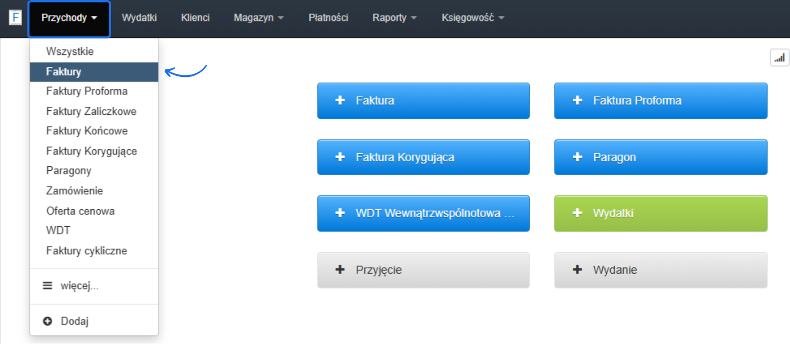 Menu wyboru kategorii w sekcji przychody, z wyróżnioną opcją 'Faktury' oraz przyciskami do tworzenia różnych typów dokumentów finansowych.