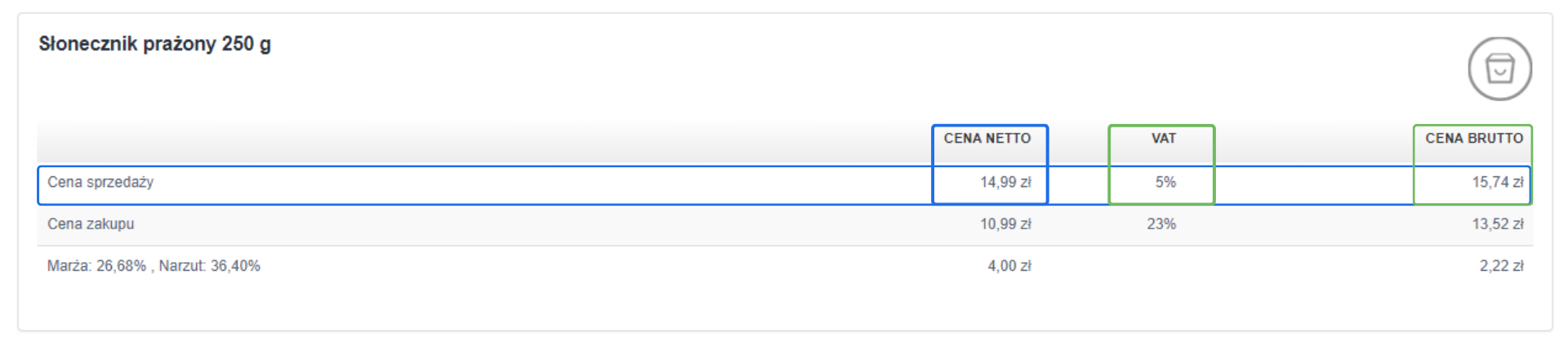 Zrzut ekranu przedstawiający szczegóły ceny sprzedaży i zakupu dla produktu 'Słonecznik prażony 250 g', w tym stawkę VAT 5% i marżę 26,68%.