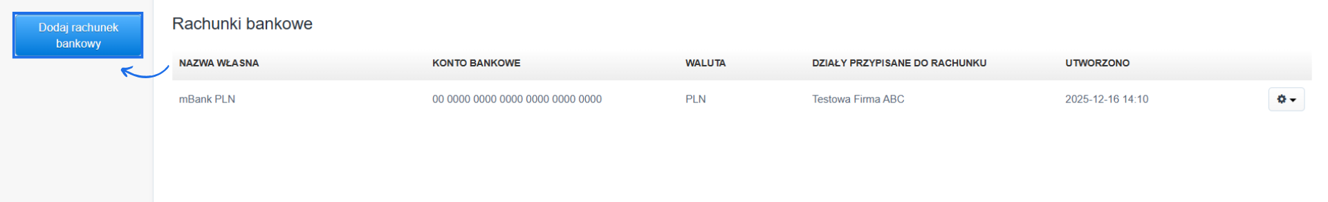 Lista rachunków bankowych na koncie w systemie Fakturownia ze szczegółami dodanego konta oraz przyciskiem Dodaj rachunek bankowy, który pozwala dodać nowe konto.