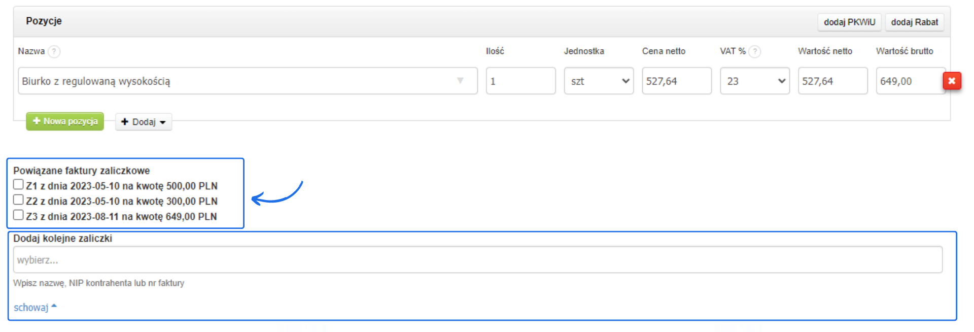 Tworzenie faktury końcowej z powiązaniem zaliczek Z1, Z2, i Z3 dla pozycji 'Biurko z regulowaną wysokością'.