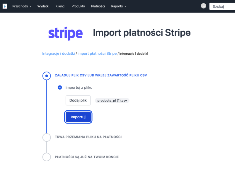 Import płatności Stripe - strona z opcją wgrywania pliku CSV i procesem przetwarzania płatności online