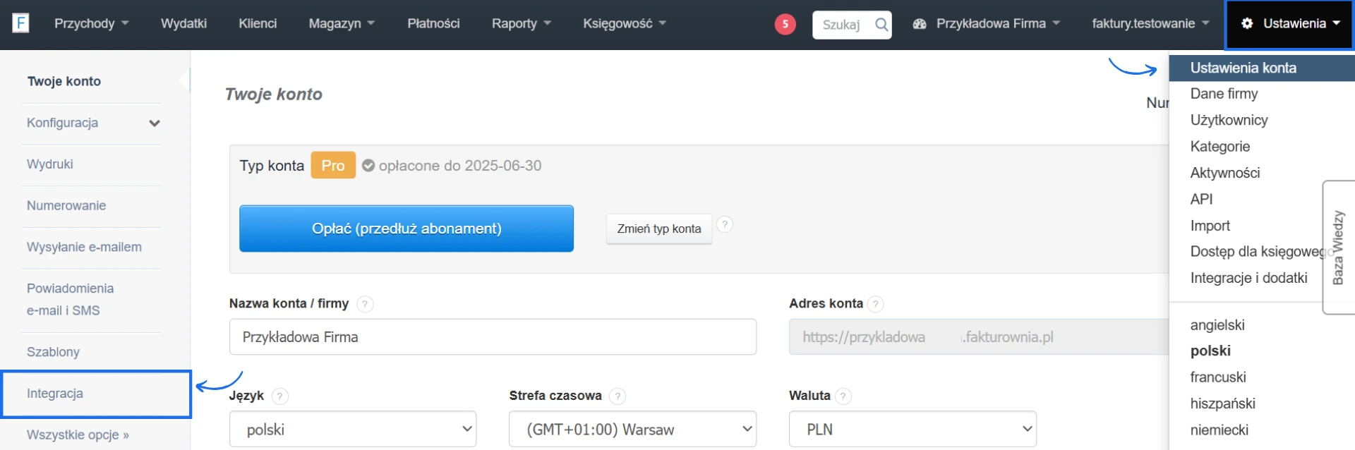 Widok ustawień konta w Fakturowni z zaznaczoną sekcją „Integracja” oraz menu „Ustawienia konta” po prawej stronie.