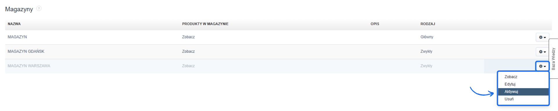 Panel zarządzania magazynami w Fakturownia – opcja ponownej aktywacji magazynu Warszawa z menu ustawień.