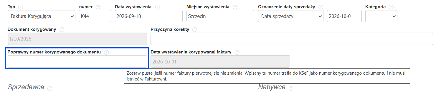 Pole poprawny numer korygowanego dokumentu w formularzu tworzenia faktury korygującej.
