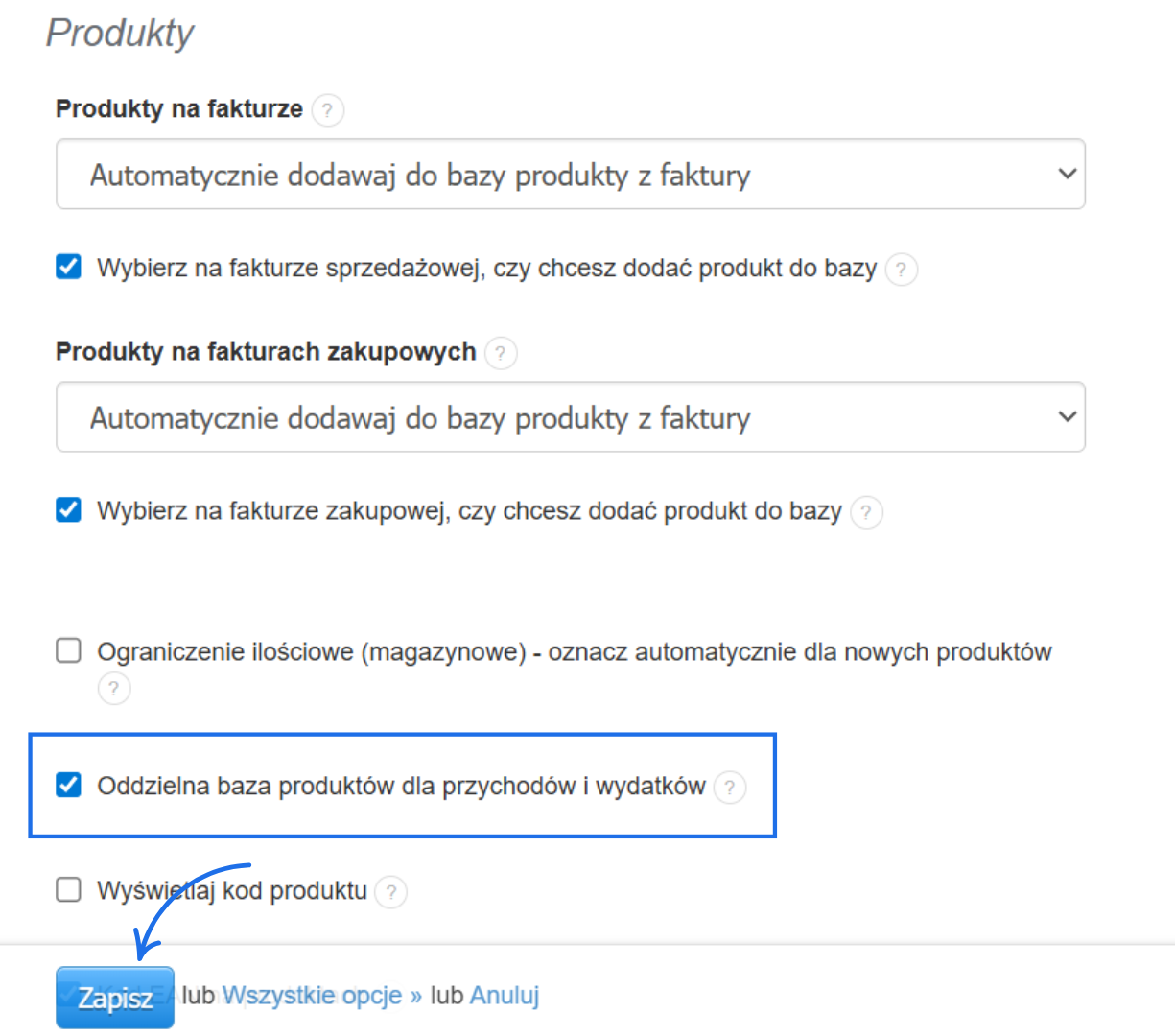 Ustawienia produktów z zaznaczoną opcją oddzielnej bazy dla przychodów i wydatków oraz automatycznym dodawaniem produktów z faktur.