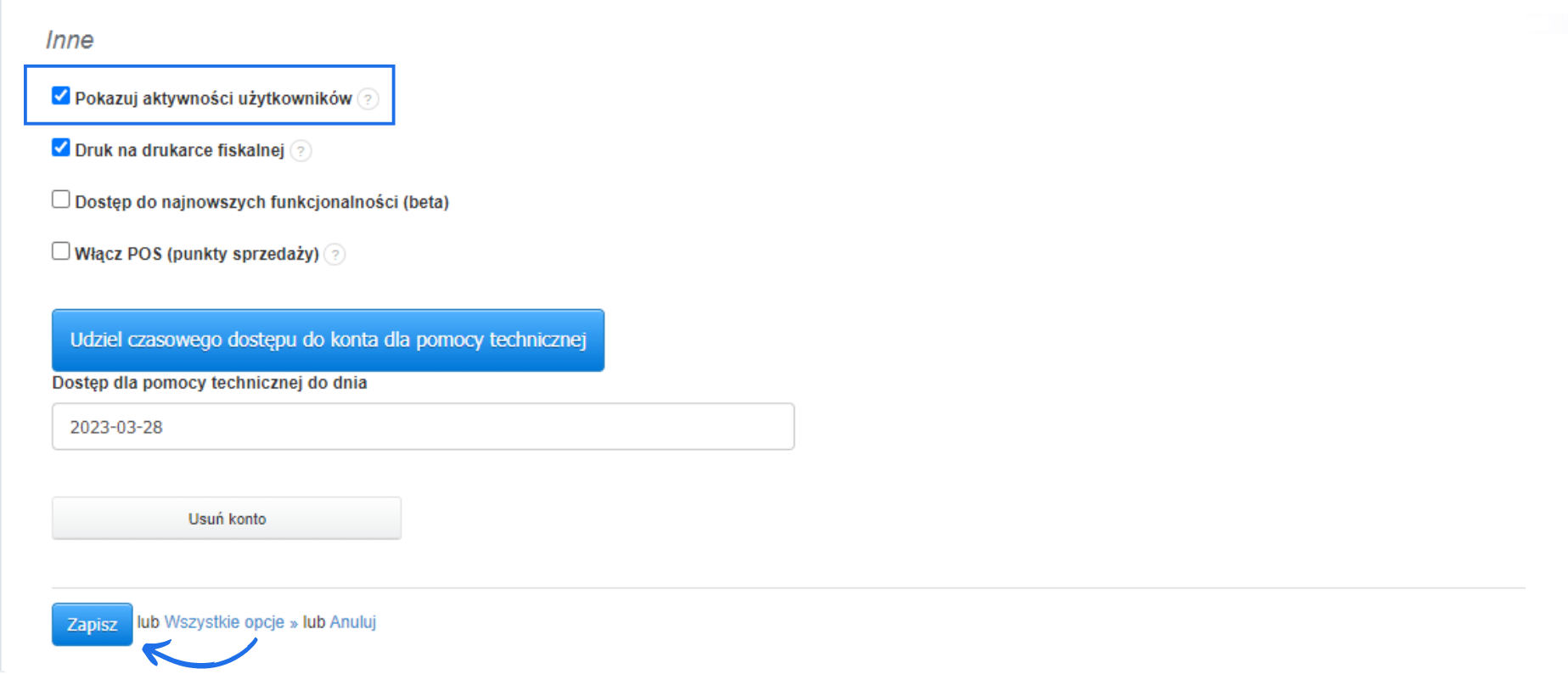 Ustawienia konta w systemie Fakturownia z aktywną opcją pokazywania szczegółowych aktywności użytkowników wykonywanych na koncie.