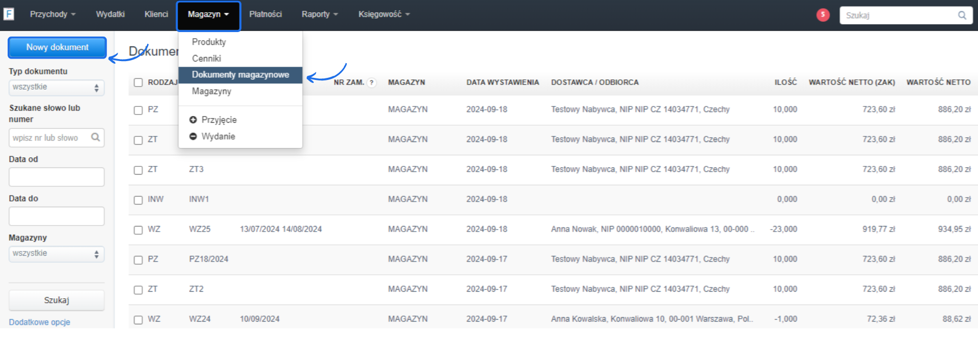 Interfejs systemu magazynowego z listą dokumentów magazynowych, opcjami filtrowania i przyciskiem nowego dokumentu w lewym górnym rogu.