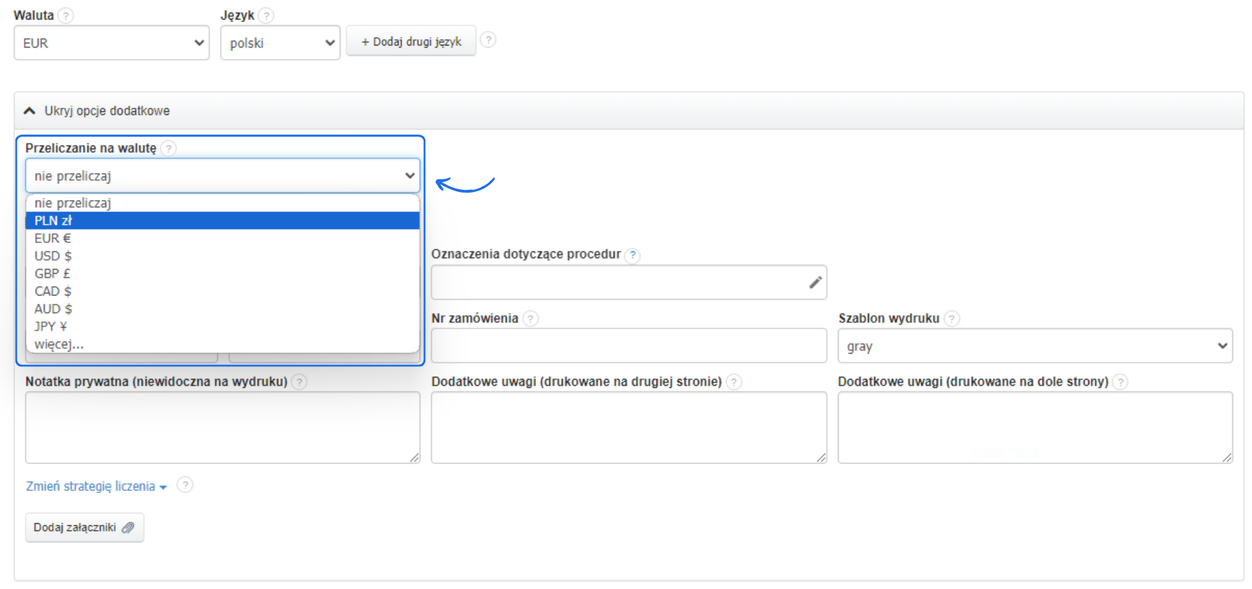 Formularz tworzenia faktury sprzedażowej z wybraną walutą główną dokumentu jako EUR oraz możliwością wyboru opcja przeliczenia wartości na inną walutę.