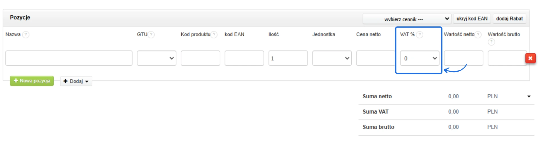 Formularz dodawania pozycji na fakturze WDT z opcją wyboru stawki VAT 0%, kodu produktu, GTU, oraz obliczeniem wartości netto i brutto.