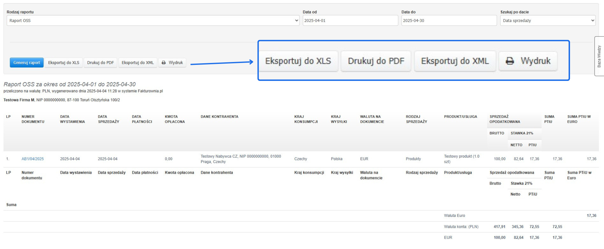 Widok raportu OSS w Fakturowni z opcjami eksportu do XLS, PDF, XML oraz podsumowaniem danych sprzedażowych.