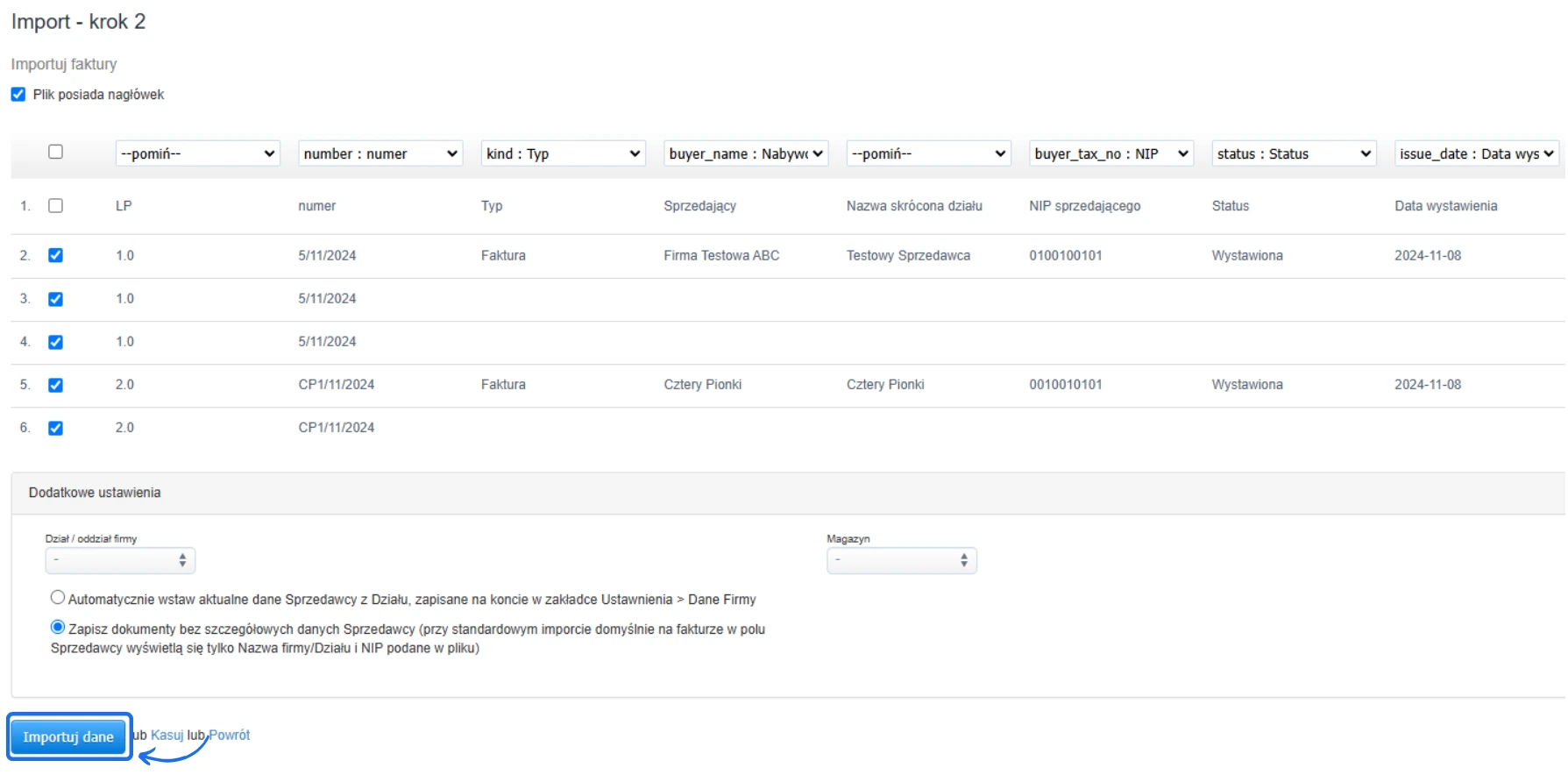 Import faktur krok 2 z listą faktur i opcją dodatkowych ustawień, przycisk 'Importuj dane' umożliwia załadowanie wybranych dokumentów.