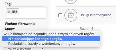 Ustawienia filtrowania produktów według tagów z wybranym tagiem „gra” i zaznaczoną opcją „Nie posiadające żadnego z tagów
